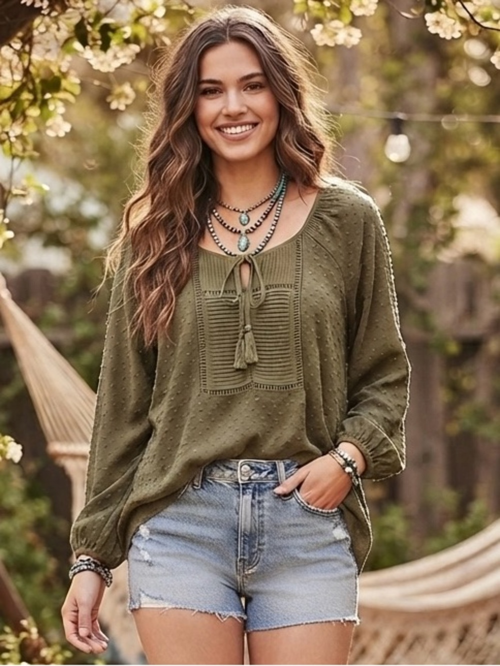 Daniel Rainn Olive Tie-Neck Peasant Blouse